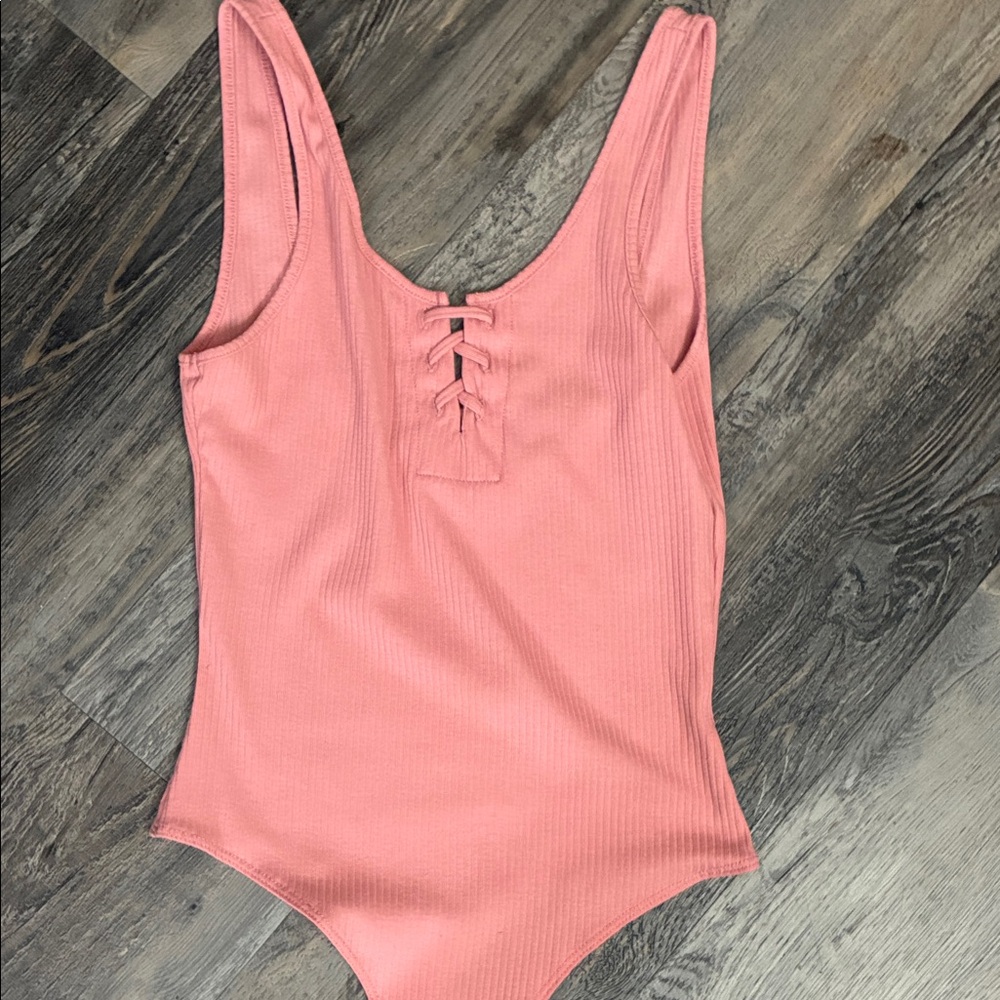Double Zero Ribbed Lace-Up Bodysuit in Coral Pink